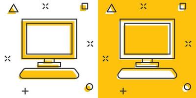 ícone de computador de desenho vetorial em estilo cômico. pictograma de ilustração de sinal de monitor. conceito de efeito de respingo de negócios pc. vetor