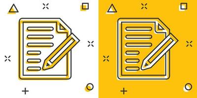 ícone de nota de documento em estilo cômico. pictograma de ilustração de desenho vetorial de folha de papel. efeito de respingo de conceito de negócio de documento de bloco de notas. vetor