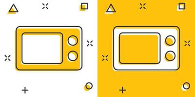 ícone de microondas de desenho vetorial em estilo cômico. pictograma de ilustração de sinal de forno de microondas. conceito de efeito de respingo de negócios de fogão. vetor
