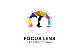 design de logotipo de fotografia, ícone de lente de fotografia com estilo de foco de silhueta de pessoas masculinas e femininas vetor