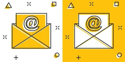 ícone de envelope de correio em estilo cômico. mensagem de e-mail pictograma de ilustração vetorial dos desenhos animados. efeito de respingo de conceito de negócio de e-mail de caixa de correio. vetor