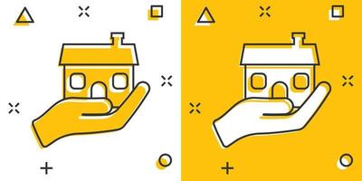 ícone de atendimento domiciliar em estilo cômico. mão segure a ilustração dos desenhos animados do vetor da casa no fundo branco isolado. construindo o efeito de respingo do conceito de negócios de qualidade.