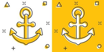ícone de sinal de âncora de barco em estilo cômico. ilustração de desenho vetorial de equipamento marítimo em fundo branco isolado. efeito de respingo de conceito de negócio de segurança marítima. vetor