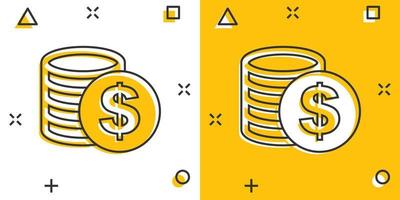 ícone de moedas de dinheiro dos desenhos animados em estilo cômico. pictograma de ilustração de sinal de moeda de dólar. conceito de negócio de moeda. vetor