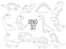 grande conjunto de contornos de dinossauros fofos no estilo cartoon. ilustrações de livros para colorir de crianças. vetor