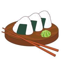 ilustração colorida de delicioso sushi onigiri na placa e pauzinhos em fundo branco. logotipo do café, tabuleta, cozinha asiática, página do menu, bandeira vetor