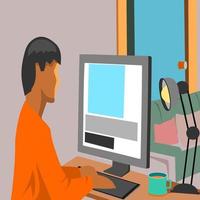 homem está digitando no computador, trabalho de ilustração vetorial em casa. vetor