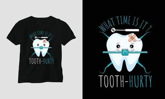 camiseta de dentista vetorial ou design bonito de pôster com dente de desenho animado, elementos dentários, etc. vetor