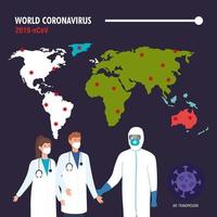planeta terra com covid19 partículas e trabalhadores de biossegurança vetor