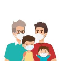 pais gays com filhos usando máscara facial vetor