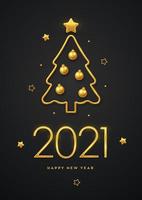 feliz ano novo de 2021. luxo metálico dourado números 2021 com árvore de natal metálica dourada, bolas douradas e estrelas. cartão, cartaz festivo ou design de banner de férias. vetor