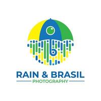 chuva e logotipo da fotografia cidadão do brasil, guarda-chuva e olho de lente nas cores verde, amarelo e azul. design de ilustração minimalista vetor