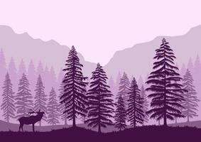 paisagem da floresta e ilustração vetorial de veado com uma silhueta roxa vetor