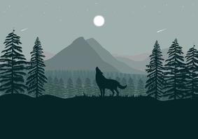 paisagem de lobo e montanhas com lua cheia à noite ilustração vetorial vetor