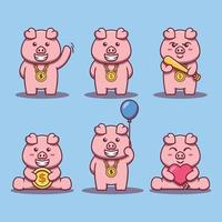 conjunto de mascote de porco fofo ilustração do ícone dos desenhos animados vetor