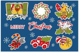 um conjunto de adesivos de natal. uma coleção de ilustrações coloridas desenhadas à mão em estilo doodle. cartão de Natal em fundo colorido. ícone de rabisco. vetor
