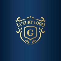 modelo de logotipo de luxo com cor dourada e fundo azul escuro vetor