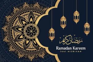 mandala de luxo ramadan kareem com lanterna fundo escuro vetor