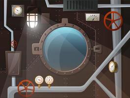 interior submarino com vigia, tubos, medidores, alavancas, lâmpada, parede de ferro com tachas. vista dois do oceano. estilo cartoon, vetor