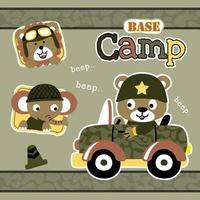 urso fofo dirigindo carro militar, leão com elefante usando boné militar, ilustração de desenho vetorial vetor