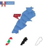 mapa de baixo poli azul líbano com capital beirute. vetor