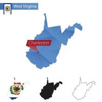 mapa de baixo poli azul do estado da Virgínia Ocidental com capital charleston. vetor