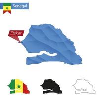 mapa de baixo poli azul senegal com capital dacar. vetor