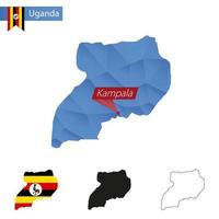 mapa de baixo poli uganda azul com capital kampala. vetor