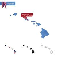 mapa de baixo poli azul do estado do Havaí com capital honolulu. vetor