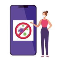 campanha da parada covid 19 em smartphone com mulher vetor