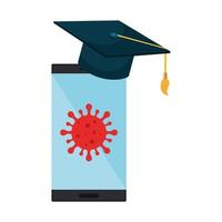 graduação de educação online com smartphone e partícula covid 19 vetor