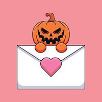 linda abóbora halloween segurando uma carta de amor mascote dos desenhos animados doodle arte mão desenhada contorno conceito vetor ilustração ícone kawaii