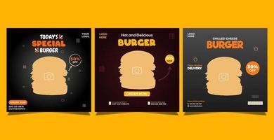 deliciosos modelos de postagem de mídia social de menu de hambúrguer e comida vetor