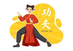 ilustração de kung fu com pessoas mostrando arte marcial do esporte chinês em desenhos animados planos desenhados à mão para banner da web ou modelos de página de destino vetor