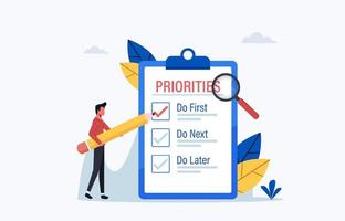 ilustração do conceito de prioridade, agenda importante para fazer planejamento e gerenciamento de trabalho, lista de verificação do empresário com objetivos prioritários e processo de seleção de urgência vetor