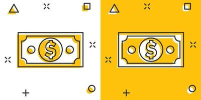 ícone de notas de moeda de dólar em estilo cômico. pictograma de ilustração dos desenhos animados do dólar em dinheiro. efeito de respingo de conceito de negócio de conta de notas. vetor