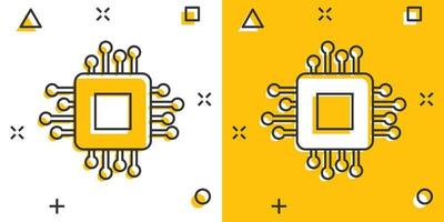 ícone da cpu do computador em estilo cômico. placa de circuito cartoon ilustração vetorial sobre fundo branco isolado. conceito de negócio de efeito de respingo de chip de placa-mãe. vetor