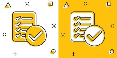 ícone de lista de verificação de documento em estilo cômico. relatório de ilustração vetorial dos desenhos animados sobre fundo branco isolado. conceito de negócio de efeito de respingo de folha de papel. vetor