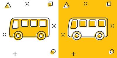 ícone de ônibus escolar em estilo cômico. autobus vector cartoon ilustração sobre fundo branco isolado. efeito de respingo de conceito de negócio de transporte de ônibus.