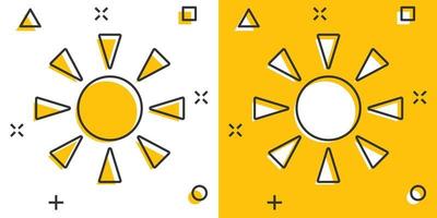ícone do sol em estilo cômico. luz solar ilustração vetorial de sinal dos desenhos animados no fundo branco isolado. conceito de negócio de efeito de respingo de luz do dia. vetor