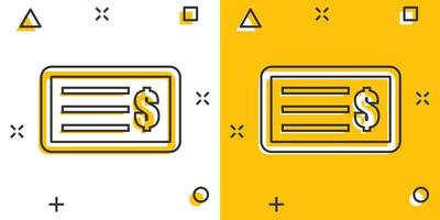 ícone de verificação de dinheiro dos desenhos animados em estilo cômico. pictograma de ilustração de talão de cheques de banco. conceito de negócio de respingo de sinal de talão de cheques. vetor