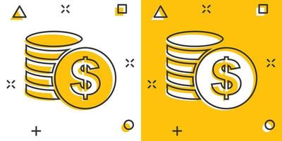 ícone de moedas de dinheiro dos desenhos animados em estilo cômico. pictograma de ilustração de sinal de moeda de dólar. conceito de negócio de moeda. vetor