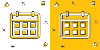 ícone de agenda de calendário em estilo cômico. planejador pictograma de ilustração vetorial dos desenhos animados. efeito de respingo de conceito de negócio de calendário. vetor