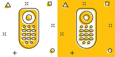 ícone de controle remoto em estilo cômico. ilustração dos desenhos animados do vetor do controlador infravermelho no fundo branco isolado. efeito de respingo de conceito de negócios de teclado de tv.