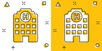 ícone de construção de hospital em estilo cômico. ilustração dos desenhos animados do vetor enfermaria no fundo branco isolado. efeito de respingo de conceito de negócio de ambulância médica.