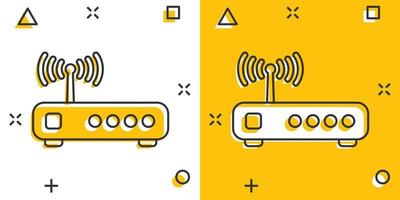 ícone do roteador wi-fi em estilo cômico. ilustração em vetor banda larga dos desenhos animados no fundo branco isolado. conceito de negócio de efeito de respingo de conexão com a internet.