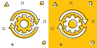 ícone do processo de fluxo de trabalho em estilo cômico. roda dentada de engrenagem com pictograma de ilustração de desenho vetorial de setas. efeito de respingo de conceito de negócios de fluxo de trabalho. vetor