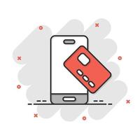 smartphone pagando ícone em estilo cômico. ilustração em vetor desenhos animados de cartão de crédito nfc em fundo branco isolado. conceito de negócio de efeito de respingo bancário.