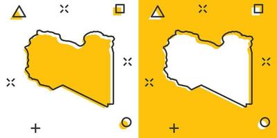 ícone do mapa da Líbia dos desenhos animados vetoriais em estilo cômico. pictograma de ilustração de sinal de Líbia. conceito de efeito de respingo de negócios de mapa de cartografia. vetor