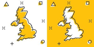 ícone do mapa do Reino Unido dos desenhos animados vetoriais em estilo cômico. pictograma de ilustração de sinal do reino unido. conceito de efeito de respingo de negócios de mapa de cartografia. vetor